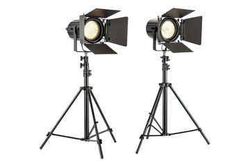 Two studio fresnel lights with barn doors on tripods against a black background in a studio setting