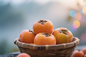 Fresh Persimmons in a Woven Basket with Bokeh Background