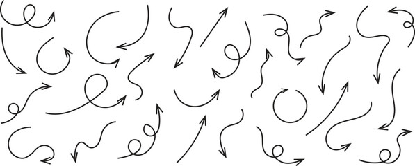 Set of black hand drawn arrow element vector. Collection of doodle arrows, lines, symbol, pointing mark, shapes on white background. Simple icon illustration for education, decoration, map, Vector