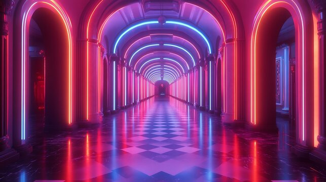 Surreal architectural space with vibrant neon lights and checkerboard floor