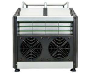 High-performance air conditioning unit with dual fans on a transparent background