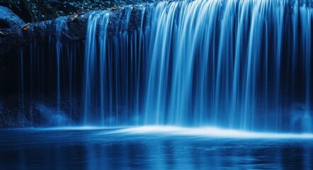 Calm Blue Cascade: Minimalist Wallpaper Featuring a Tranquil Waterfall with Flowing Lines Set in a Serene Forest Landscape