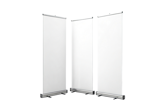 Three white blank roll up banners standing side by side against a black background in a studio setting