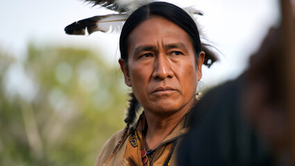 Native american man with long hair and feathers stands attentively, showcasing traditional attire while surrounded by nature at a cultural gathering. Generative AI.