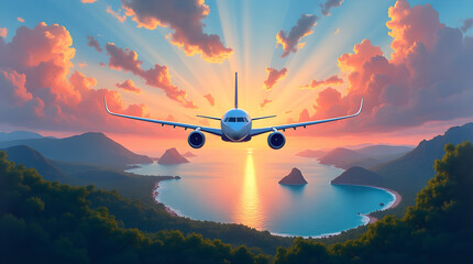 Modern aircraft soaring above coastal terrain under orange and purple sky ideal for airline or tourism visuals