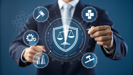 Man in suit interacting with digital interface showing legal and business icons isolated on white background