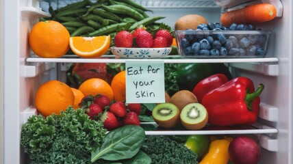 Prevention of aging signs concept. Fridge filled with fresh fruits and vegetables promoting healthy eating habits.