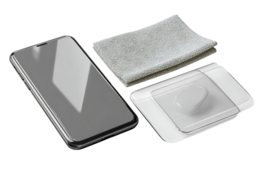 Smartphone screen protector with cleaning cloth and application tools.
