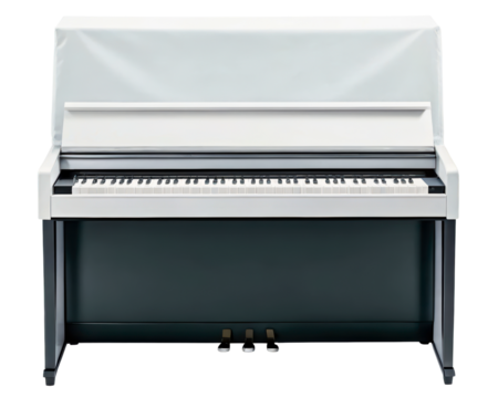 Modern upright piano with white cover and pedal set on a transparent background
