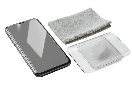 Smartphone screen protector with cleaning cloth and application tools.