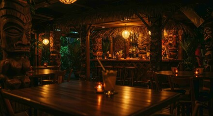 Fototapeta premium Enchanting Tiki Bar at Night Warm Lighting Intricate Carvings and Tropical Ambiance.