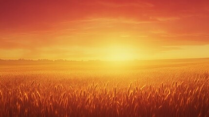 Fototapeta premium Golden wheat field at sunset, vibrant sky with warm hues, sun shining brightly