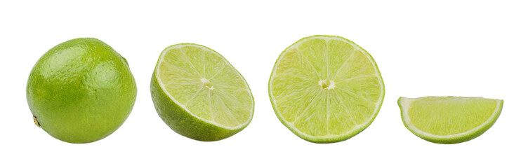 Lime whole and cut isolated on white background
