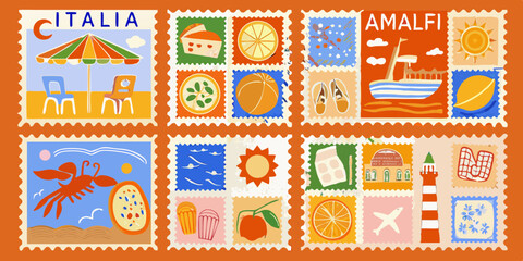 Collection of Illustrated Italian Themed Postage Stamps Featuring Amalfi Coast Food Travel and Summer Elements