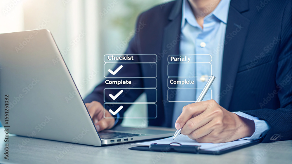 Poster businessman checking off items on a digital checklist while using a laptop and writing isolated on w