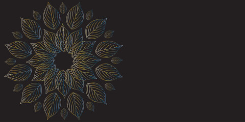 Decorative mandala of leaves with metallic effect on a black background.