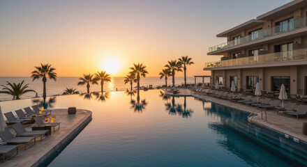 Fototapeta premium Sunrise over infinity pool resort