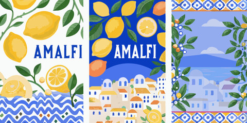 Set of Amalfi Coast Inspired Illustrations Featuring Lemons Mediterranean Architecture and Coastal Scenery in a Colorful Palette