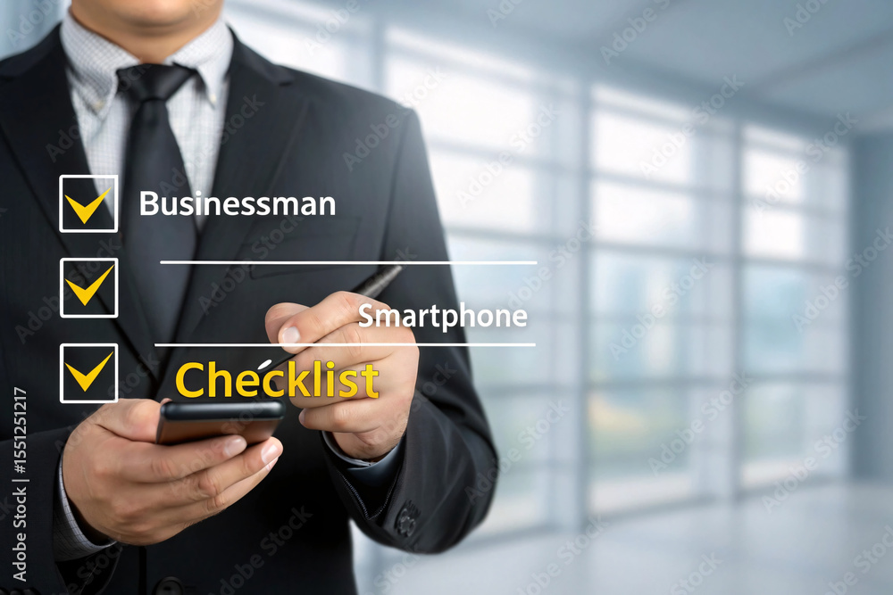 Aufkleber businessman checking off tasks on a digital checklist using a smartphone isolated on white backgroun