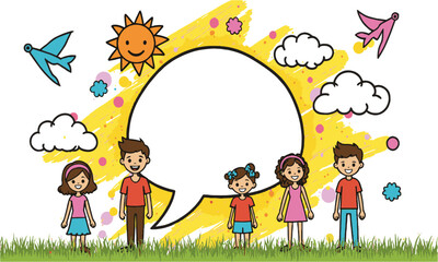 Fototapeta premium Vector illustration featuring a group of smiling stick-figure children standing on both sides, easily editable and scalable.