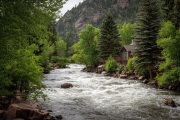 A rushing river flows through a verdant mountain valley, past a secluded cabin nestled amongst lush greenery and rocky banks under a cloudy sky