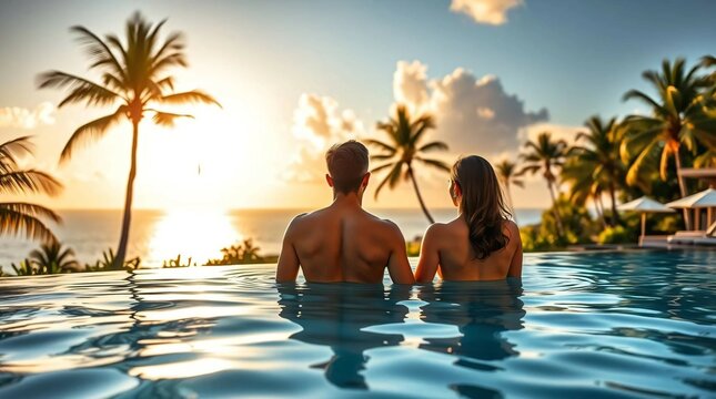 Rear View of Handsome Couple in an Infinity Pool Looking Out Tropical Island Landscape, View of the Ocean on a Beautiful Island, Travel, Happiness, Luxury, Summer Holiday Concept
