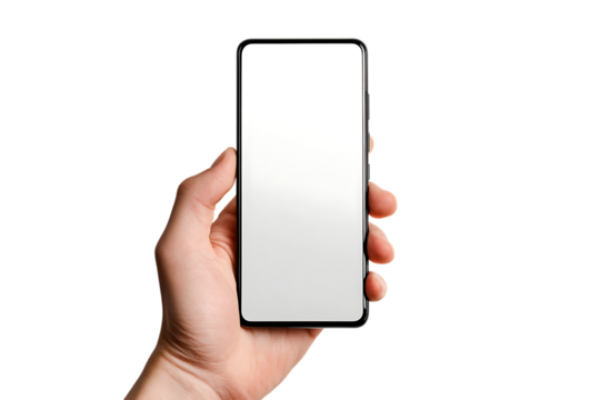 Hand holding smartphone with blank screen.