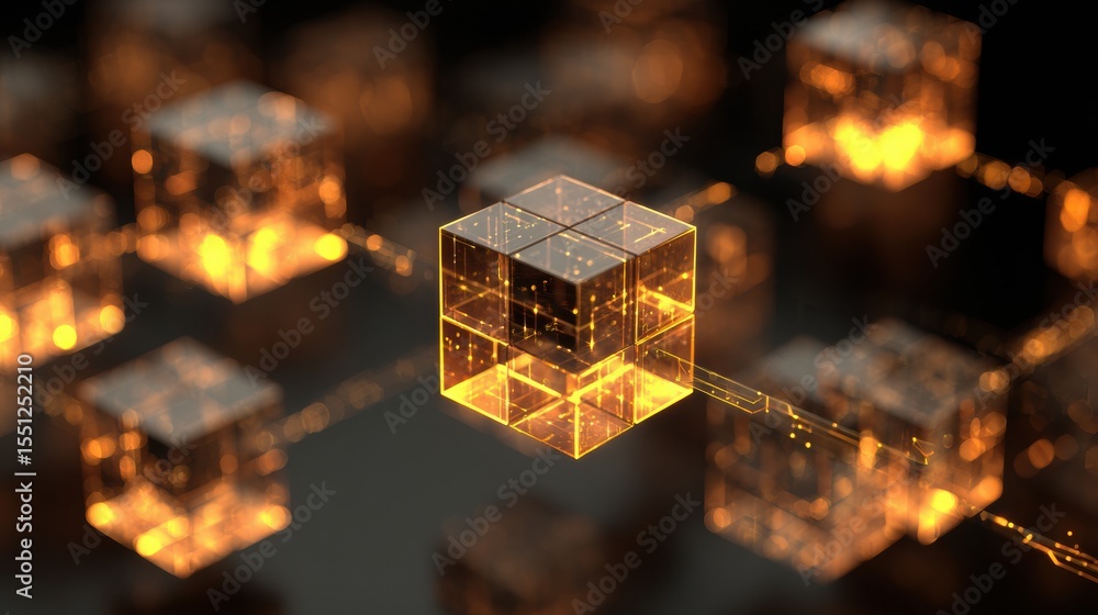 Poster visual representation of blockchain technology with interconnected glowing cubes