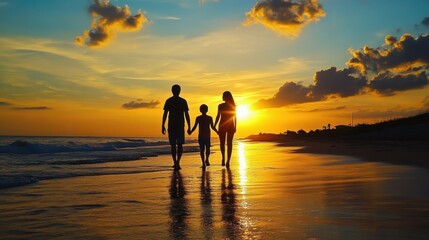 Fototapeta premium Family Silhouette Strolling on the Beach at Sunset, Framed by Ocean and Sky