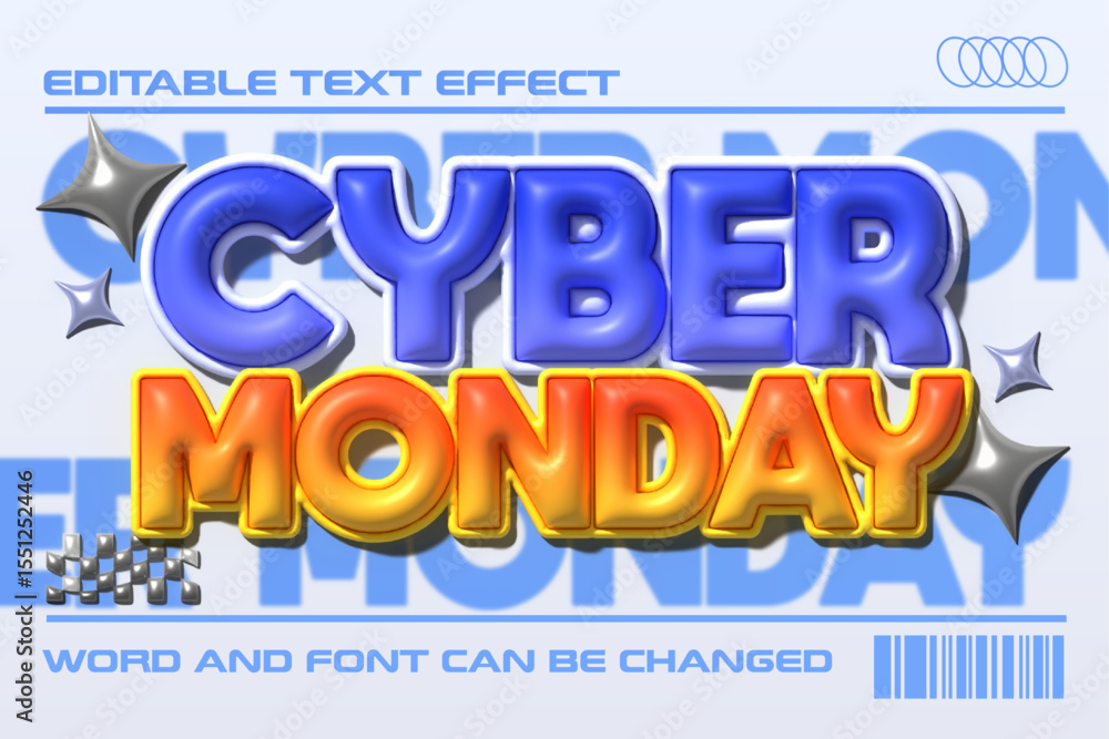 Poster cyber monday glossy inflated 3d editable vector text effect. retro y2k vibe inflated text style
