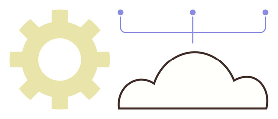 Gear and outlined cloud connected to three dots symbolizing data flow, collaboration, automation, networking, digital transformation, cloud computing, and streamlined processes. A simple flat