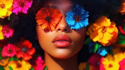 Elegant Black Woman Adorned with Blossoms, Embracing Spring Vibes in a Vibrant Floral Background