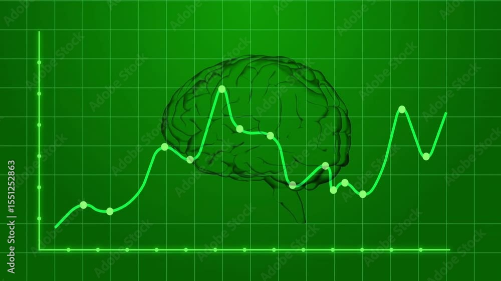 Poster on start neon-green data line forming curves and peaks across brain grid showing brain activity