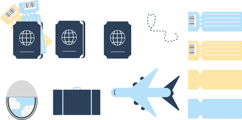 Flat vector illustration with travel elements: passports, plane tickets, luggage, airplane, and window view. Ideal for themes of tourism, flights, travel planning, and logistics