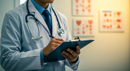 Doctor writes on clipboard in medical office with anatomical charts in background.