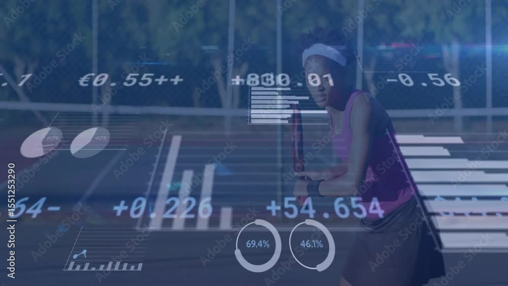 Poster tennis player sensing ball swinging racket as sports performance data updating for monitoring form