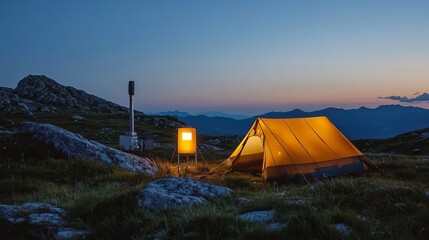 Illuminated tent nestled in a mountainous landscape at twilight, offering a serene camping experience