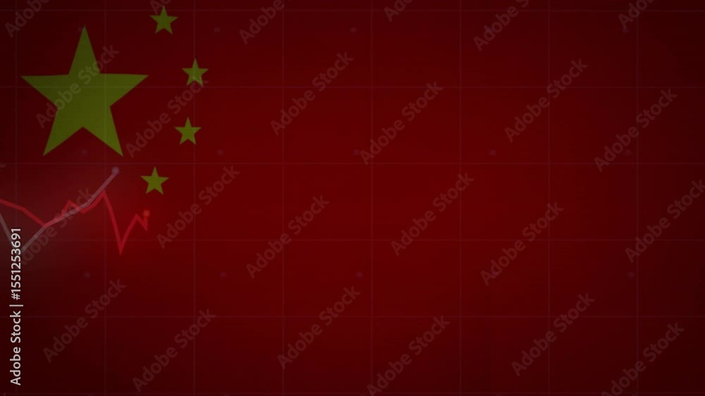 Poster white and red lines appearing on red grid dipping then climbing near chinese flag showing trends