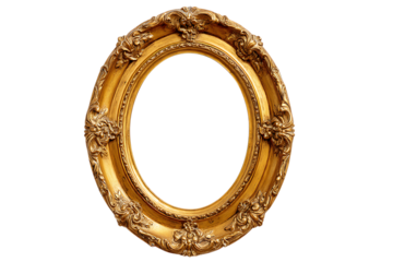 Elegant oval gold picture frame, isolated on black background.