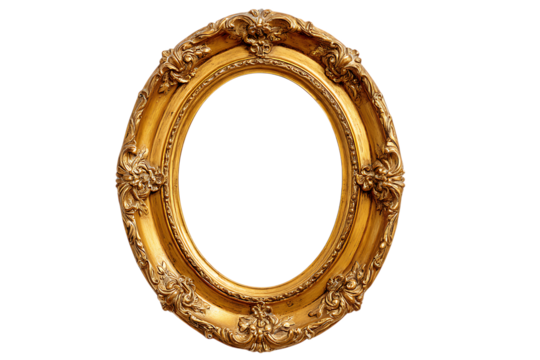 Elegant oval gold picture frame, isolated on black background.