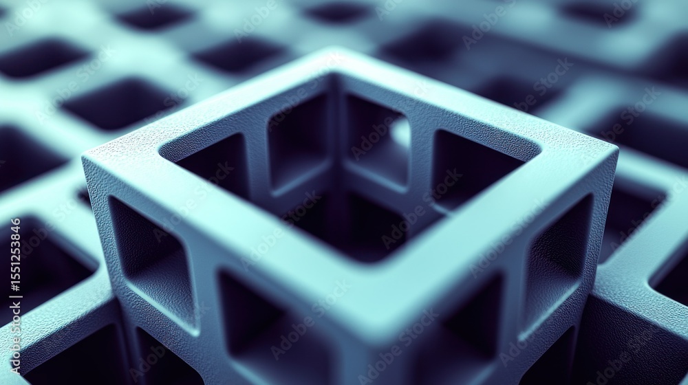 Poster grid of nested, open-frame cubes in a bluish metal color