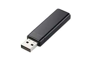 A close up of a black usb drive on a black background with a silver connector visible