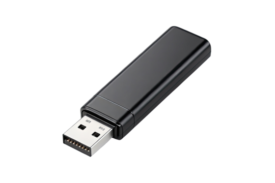 A close up of a black usb drive on a black background with a silver connector visible