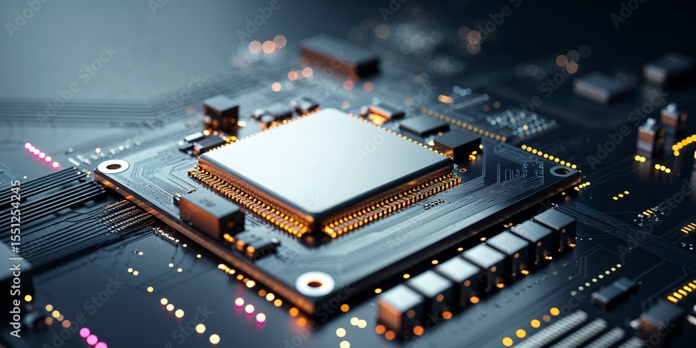 Poster circuit board with advanced microprocessor and electronic components illuminated in dim light