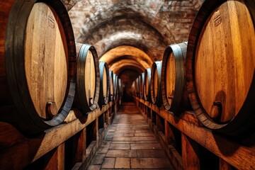 French Oak Barrels Elegantly Displayed in a Rustic Wine Cellar