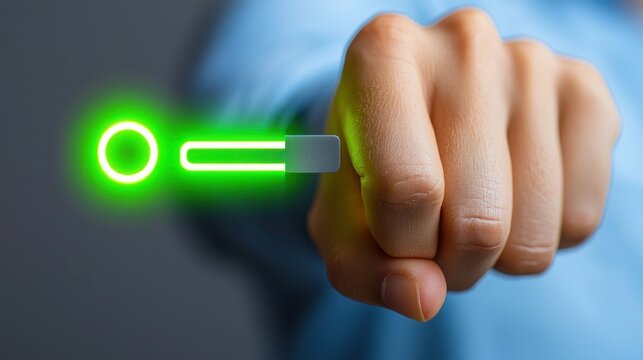 Hand pushing bright green power slider - Powered by Adobe