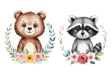 Fototapeta premium Charming Watercolor Bear and Raccoon Illustration: Floral Wreath, Cute Animal Art, Nursery Decor, Kids Design