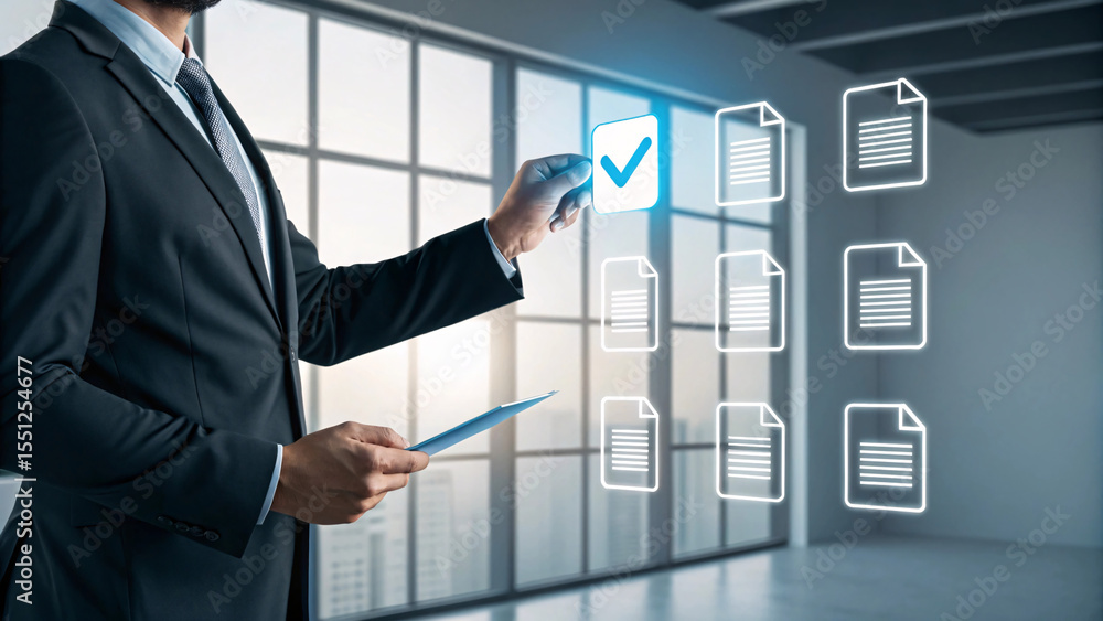 Poster businessman interacting with digital document icons and checking off a task isolated on white backgr