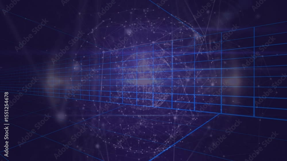 Poster upon faint wire grid appearing glowing particles forming globe, lines shifting showing network data