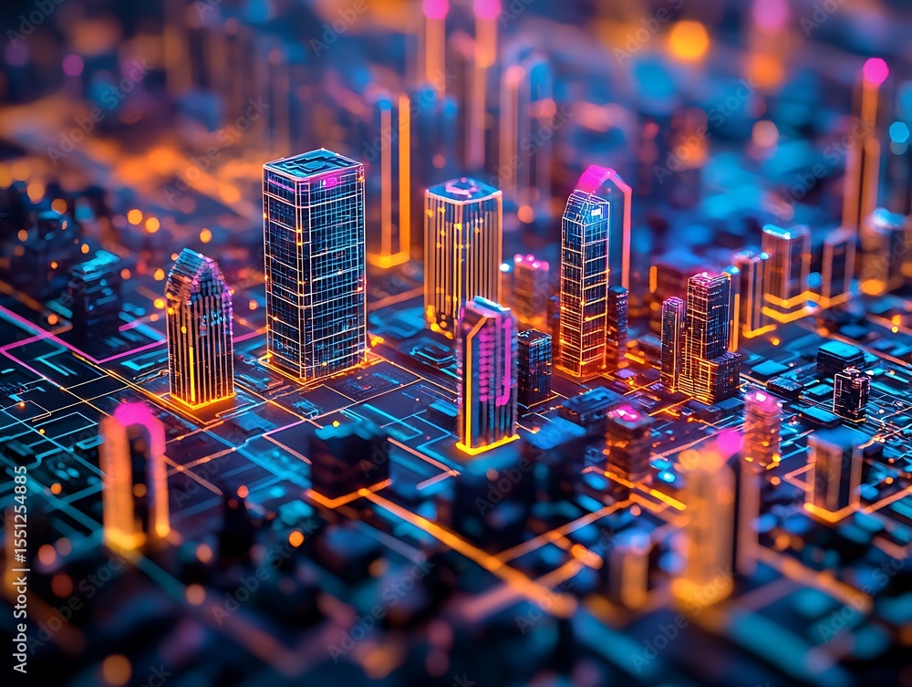 Aufkleber digital metropolis: abstract cityscape representing data flow and connectivity